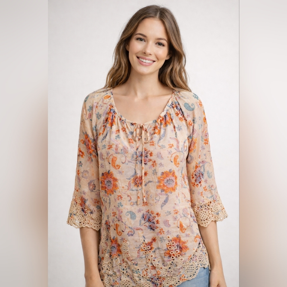 db Cream Orange Floral 3/4 Sleeve Crochet Scalloped‎ Hem Sheer Fairy Top Sz 2X
